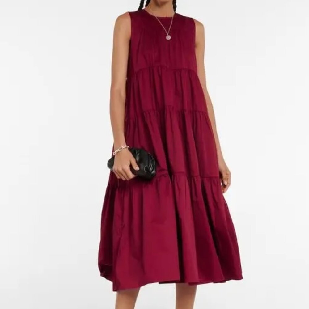 Co Essentials Sleeveless Tiered Cotton Dress in Burgundy Red Size S